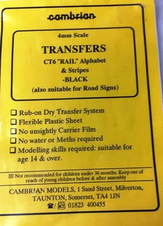 Cambrian: OO Gauge: CT6 Rail Alphabet Transfers