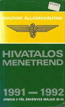 Timetable - Hivatolos Menetrend 1991 - 1992 (In Hungarian)